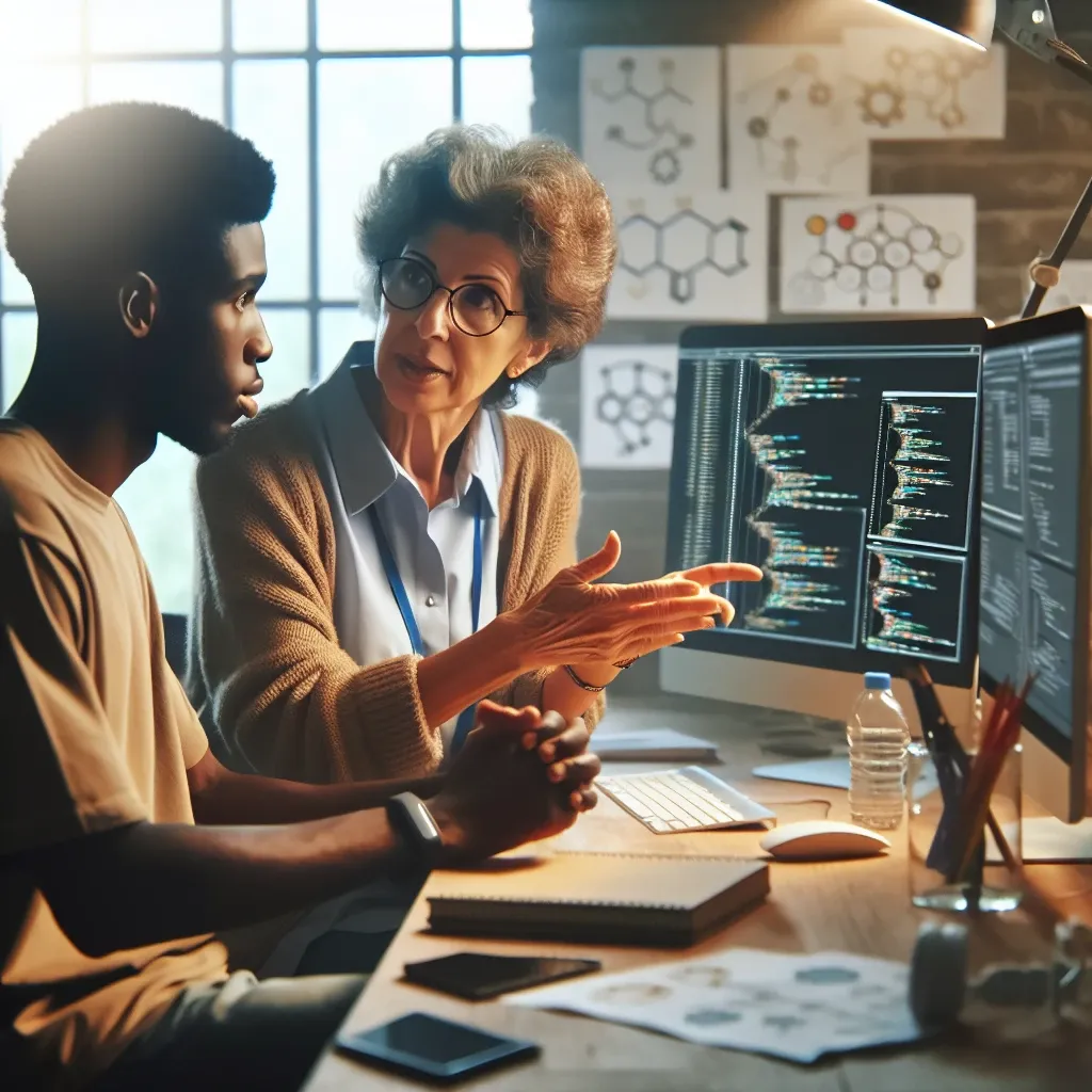 "Mentorship in Tech: Diverse group of professionals engaged in a mentorship session, collaborating over technology innovations, symbolizing the importance of mentorship in the tech industry."