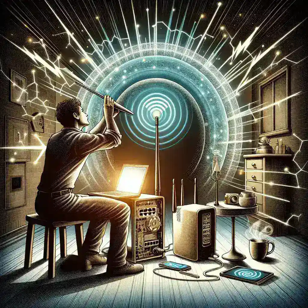 "Person adjusting a Wi-Fi router antenna to boost signal strength for seamless connectivity in a home environment"